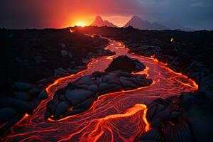 vulkanisch Landschaft beim Sonnenuntergang. 3d Illustration. Fantasie Natur, Lava fließend Lava in ein Berg, ai generiert foto