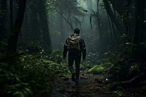 Mann mit Rucksack Wandern im das Regen Wald. Abenteuer und Reise Konzept, männlich Wanderer Gehen durch ein dicht dunkel Dschungel, Rückseite Sicht, voll Körper, ai generiert foto