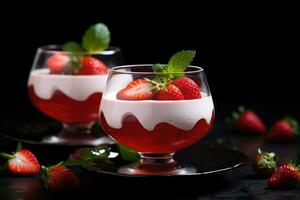 köstlich Panna Cotta mit frisch Erdbeeren und Minze auf dunkel Hintergrund, Erdbeere Panna Cotta im Brille auf ein schwarz Hintergrund, ai generiert foto