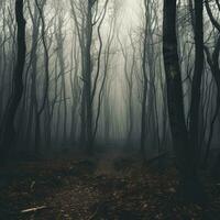 Spuk Landschaft Schuss von viele Baum Stämme Wald gespenstisch Spuk gruselig Nebel , generiert durch ai foto