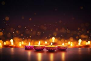 Diwali oder Deepavali Festival Kerzen auf im dunkel Nacht Bokeh Hintergrund, ai generativ foto
