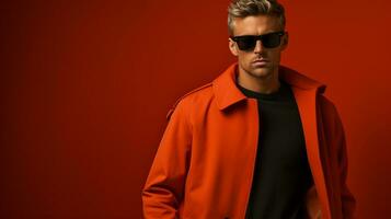 ai generiert Porträt von ein stilvoll männlich Modell- im Sonnenbrille im ein rot Jacke auf ein hell Hintergrund. Poster, Werbung. Kopieren Raum foto