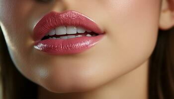 schließen oben von perfekt natürlich Lippe bilden von ein schön weiblich Mund. perfekt sauber Haut, frisch Lippe bilden. schön Sanft Lippen.generativ ai foto