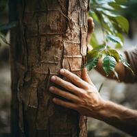 Nahansicht von ein des Mannes Hand berühren ein groß Baum. das Konzept von schützen Natur und bekämpfen Abholzung.generativ ai foto