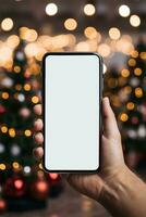 ein Hand hält ein schwarz Smartphone mit ein leer Bildschirm auf ein Weihnachten Hintergrund.Kopie Raum, Mockup.generativ ai foto