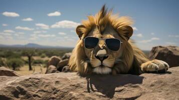 Löwe tragen Sonnenbrille auf ein felsig Aufschluss mit das Serengeti im das Hintergrund. ai generiert foto