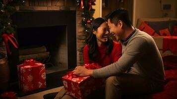 ai generativ Paare von anders Ethnizität, Geschlecht und Orientierung, austauschen Weihnachten Geschenke im warm dekoriert Zuhause foto