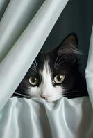 schwarz und Weiß Katze spähen von hinter Vorhang. neugierig katzenartig Moment. ai generiert foto