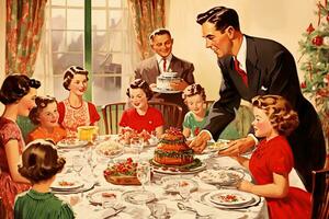 Jahrgang Illustration von ein Familie Weihnachten Abendessen foto