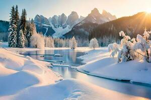 Schnee bedeckt Bäume und Berge im das Winter. KI-generiert foto