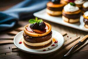 klein Kuchen mit Beeren und Sahne auf ein Platte. KI-generiert foto