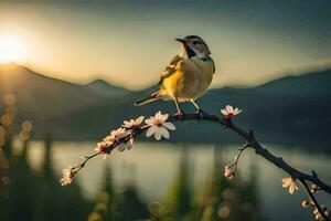 ein Vogel thront auf ein Ast mit Blumen im das Hintergrund. KI-generiert foto