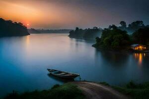 das Boot ist schwebend auf das Fluss beim Sonnenuntergang. KI-generiert foto