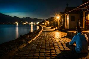 ein Mann Sitzung auf das Seite von ein Straße beim Nacht. KI-generiert foto