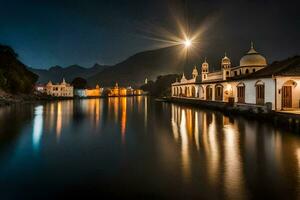 das Mond steigt an Über ein Fluss beim Nacht. KI-generiert foto