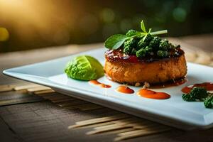 ein Teller mit ein Gericht von Essen auf Es. KI-generiert foto