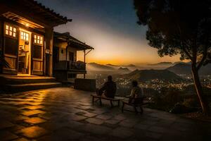 zwei Menschen sitzen auf ein Bank mit Blick auf das Berge beim Sonnenuntergang. KI-generiert foto