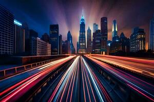 ein Stadt Horizont beim Nacht mit Licht Wanderwege. KI-generiert foto