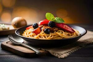 Spaghetti mit Fleisch und Gemüse im ein Schüssel. KI-generiert foto