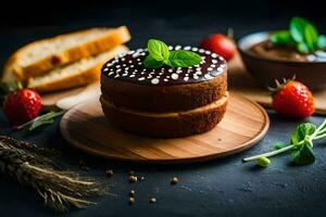 ein Kuchen mit Schokolade Glasur und Erdbeeren auf ein hölzern Platte. KI-generiert foto