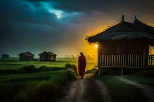 ein Frau im rot Spaziergänge gegenüber ein Hütte im das Mitte von ein Reis Feld. KI-generiert foto