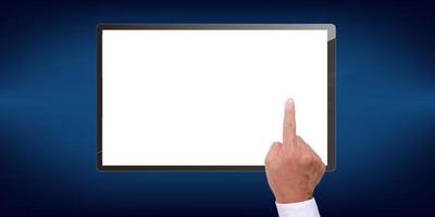 Tablet auf blauem Hintergrund und weißem Bildschirm foto