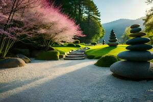 ein japanisch Garten mit Stein Schritte und ein Rosa Blüte. KI-generiert foto