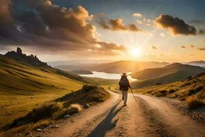 ein Person Gehen auf ein Straße im das Berge beim Sonnenuntergang. KI-generiert foto