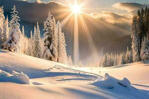 Foto Hintergrund das Himmel, Schnee, Bäume, Sonne, Bäume, Berge, Bäume, Schnee,. KI-generiert