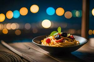 Pasta mit Oliven und Tomaten auf ein hölzern Tisch. KI-generiert foto
