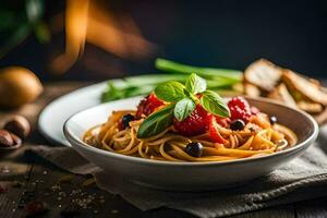 Spaghetti mit Beeren und Nüsse auf ein hölzern Tisch. KI-generiert foto