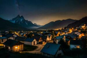 ein Dorf beim Nacht mit Berge im das Hintergrund. KI-generiert foto