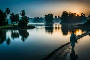 ein Mann Spaziergänge entlang das Fluss beim Sonnenaufgang. KI-generiert foto