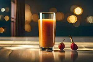 ein Glas von Orange Saft mit Erdbeeren auf ein Tisch. KI-generiert foto