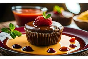 ein Schokolade Cupcake mit Erdbeeren und ein Tasse von Kaffee. KI-generiert foto