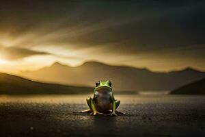 ein Frosch Sitzung auf das Boden im Vorderseite von ein See. KI-generiert foto