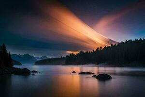 ein schön Sonnenuntergang Über ein See mit Felsen und Bäume. KI-generiert foto