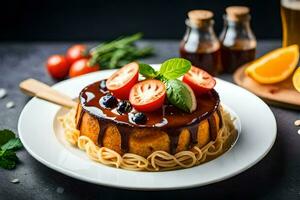 ein Dessert mit Tomaten, Basilikum und Käse auf ein Platte. KI-generiert foto