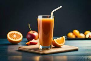 ein Orange Saft mit ein Stroh auf ein hölzern Schneiden Tafel. KI-generiert foto