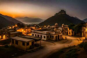 das Sonnenuntergang Über das Stadt, Dorf von Rajasthan. KI-generiert foto