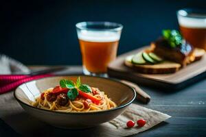 Spaghetti mit Fleischklößchen und Tomate Soße im ein Schüssel. KI-generiert foto