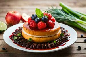 ein Kuchen mit Beeren und Äpfel auf ein Platte. KI-generiert foto