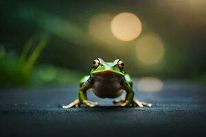 ein Frosch ist Sitzung auf das Boden im Vorderseite von ein verschwommen Hintergrund. KI-generiert foto