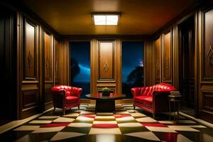 ein Zimmer mit rot Stühle und ein kariert Boden. KI-generiert foto