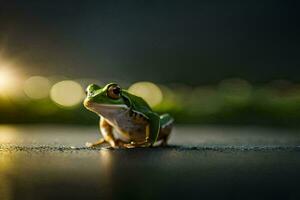 ein Frosch Sitzung auf das Boden mit ein hell Licht hinter Es. KI-generiert foto