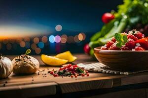 ein Schüssel von Salat mit Tomaten, Pfeffer und Knoblauch. KI-generiert foto