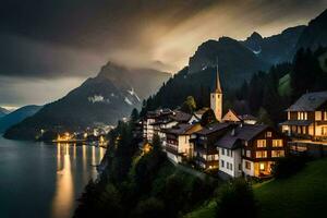 ein Stadt, Dorf auf das Kante von ein See beim Nacht. KI-generiert foto