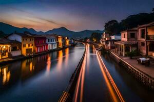 ein Kanal im das Mitte von ein Stadt, Dorf beim Nacht. KI-generiert foto