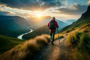 ein Wanderer mit Wanderung Stangen Gehen auf ein Weg im das Berge. KI-generiert foto