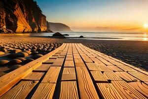 ein hölzern Gehweg führt zu das Strand beim Sonnenuntergang. KI-generiert foto